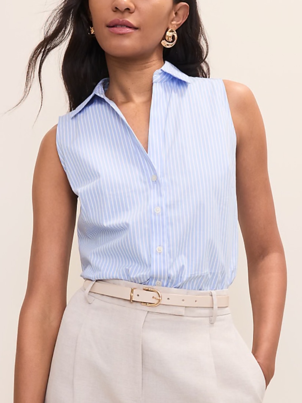 ANN TAYLOR sleeveless blouse shirt 14P NWOT blue white stripe stretch v-neck